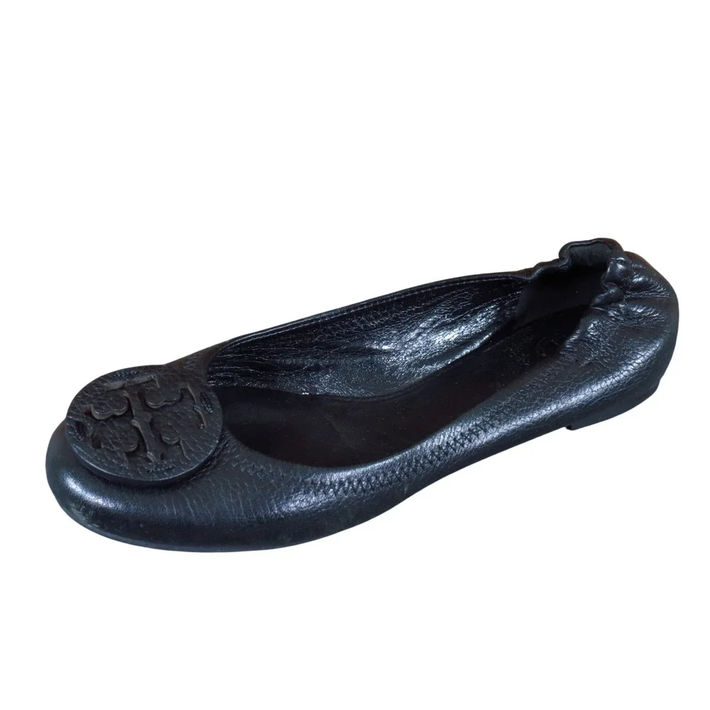 Tory Burch Tumbled Reva Travel Women Ballet Flat Size 6.5 Commuter Black Leather
